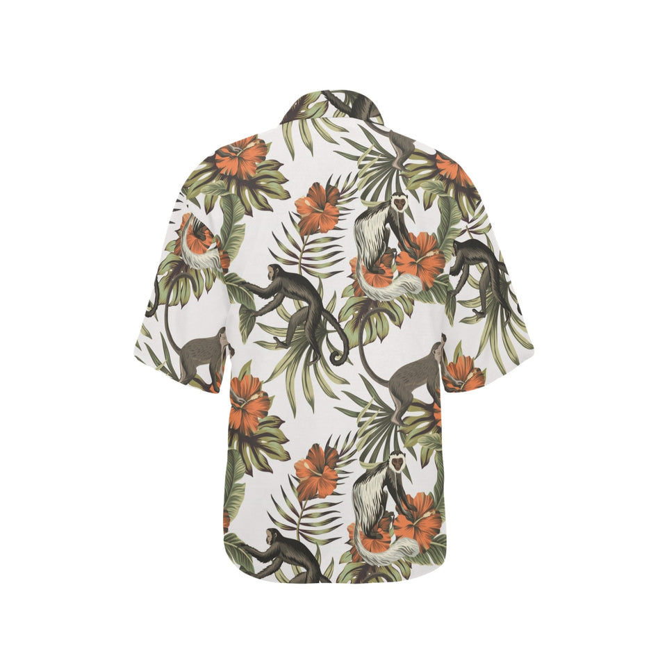 Monkey red hibiscus flower palm leaves floral patt Women's All Over Print Hawaiian Shirt