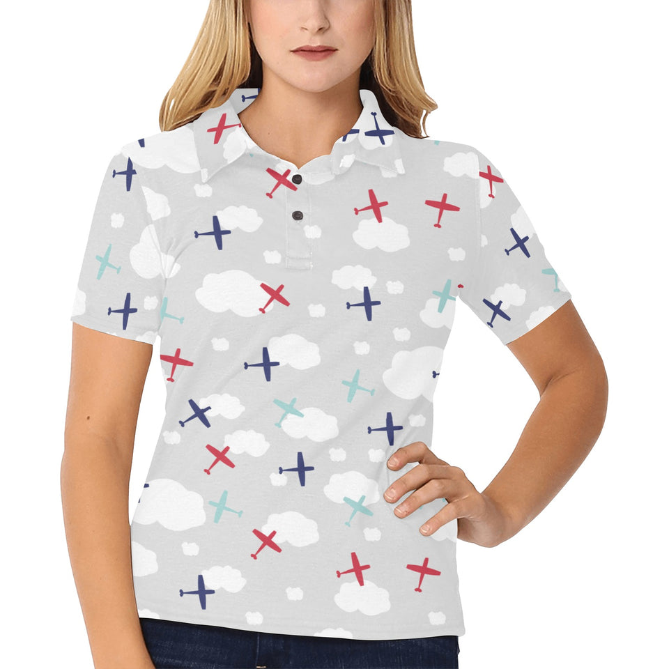 Airplane cloud grey background Women's All Over Print Polo Shirt