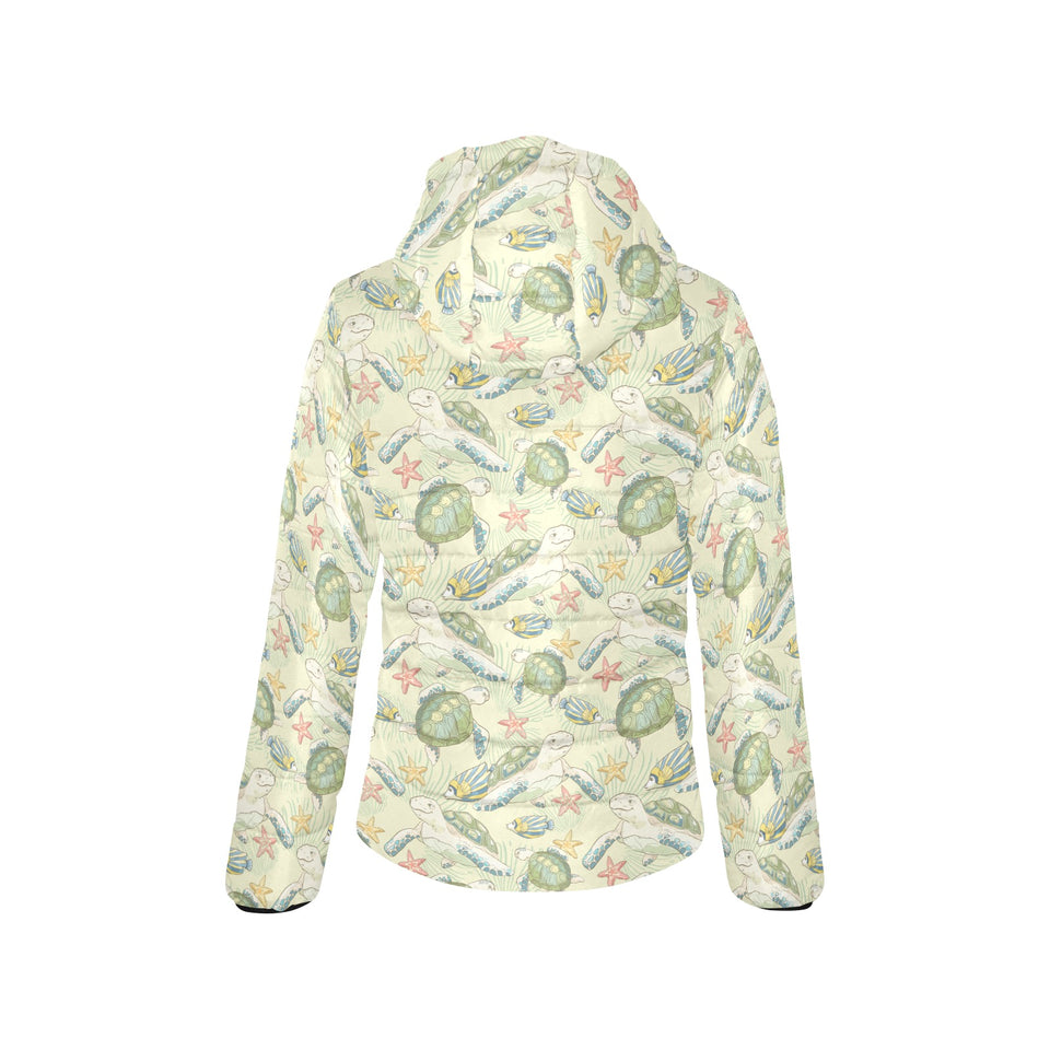Hand drawn sea turtle fish pattern Women's Padded Hooded Jacket