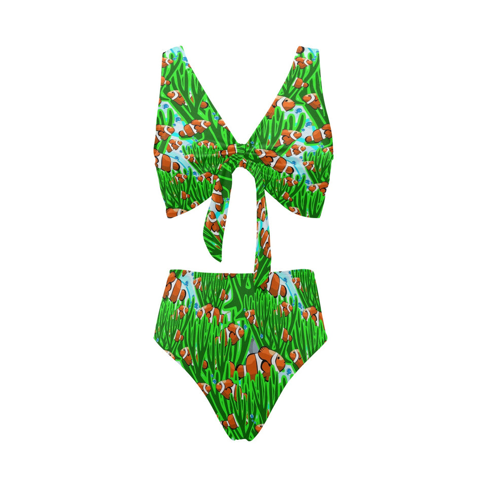 Clown Fish Pattern Print Design 01 Chest Bowknot High Waisted Bikini Swimsuit