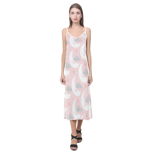 Cute moon cloud star pattern pink dot background V-Neck Open Fork Long Dress