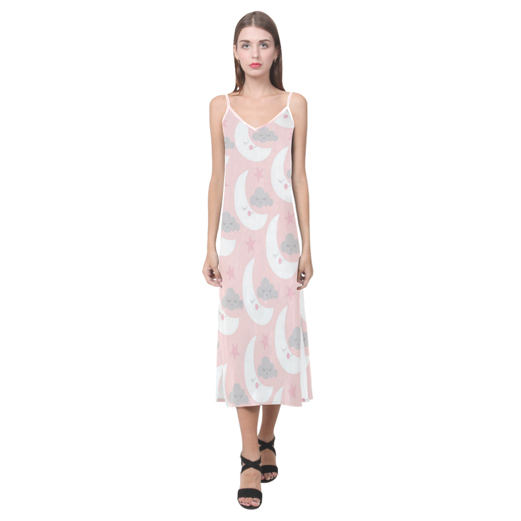 Cute moon cloud star pattern pink dot background V-Neck Open Fork Long Dress