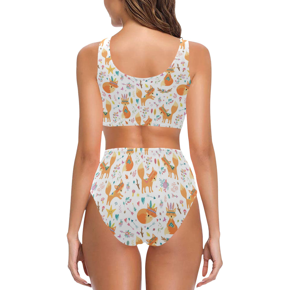 cute tribal fox pattern Chest Bowknot High Waisted Bikini Swimsuit