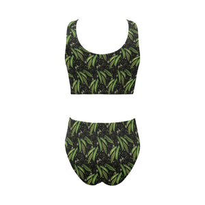 Green Peas Pattern Print Design 02 Chest Bowknot High Waisted Bikini Swimsuit