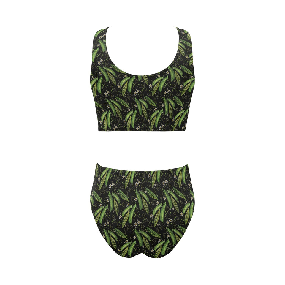 Green Peas Pattern Print Design 02 Chest Bowknot High Waisted Bikini Swimsuit