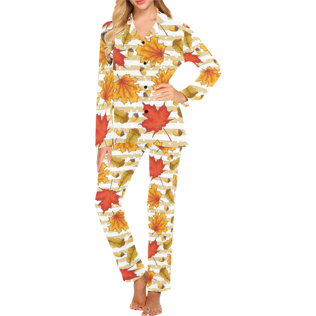 Maple leaf oak leaf acorns beige striped backgroun Women's Long Pajama Set
