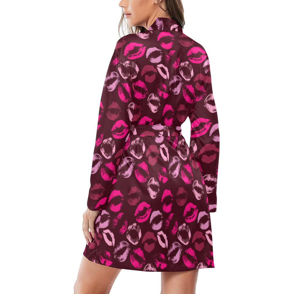 Lips Pattern Print Design 03 Women's Long Sleeve Belted Night Robe