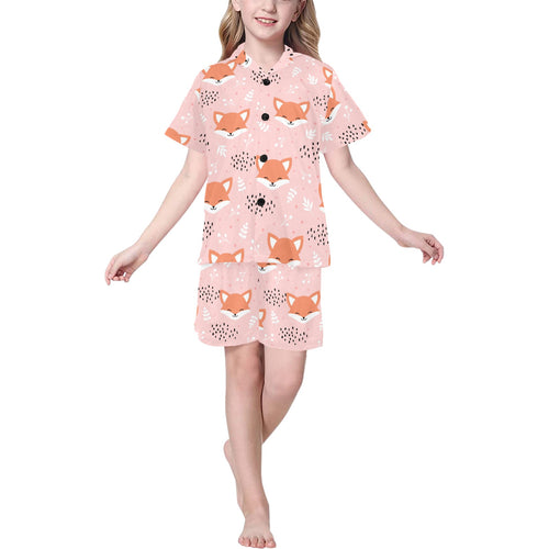 Cute fox pattern pink background Kids' Boys' Girls' V-Neck Short Pajama Set