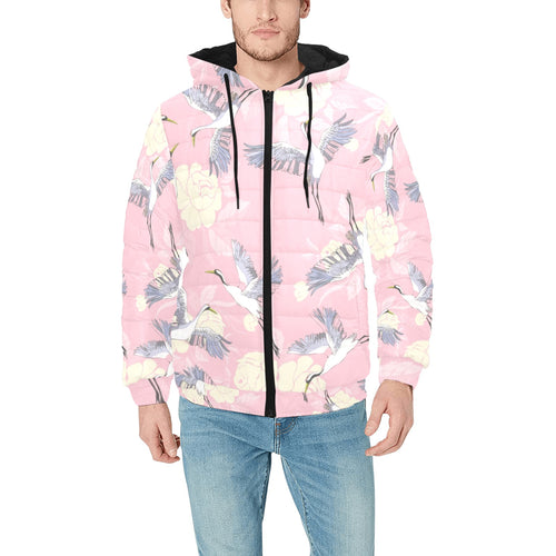 Japanese crane rose pattern Men's Padded Hooded Jacket