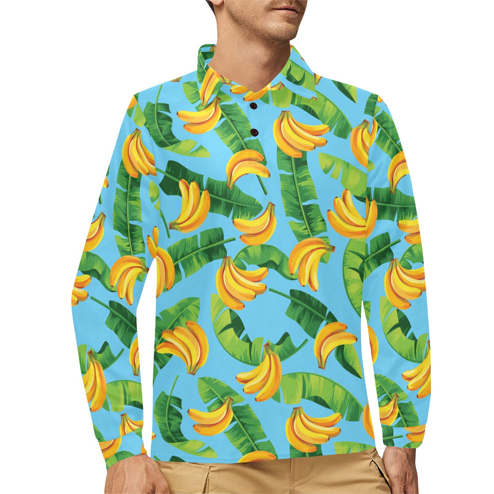 banana leaves banana design pattern Men's Long Sleeve Polo Shirt