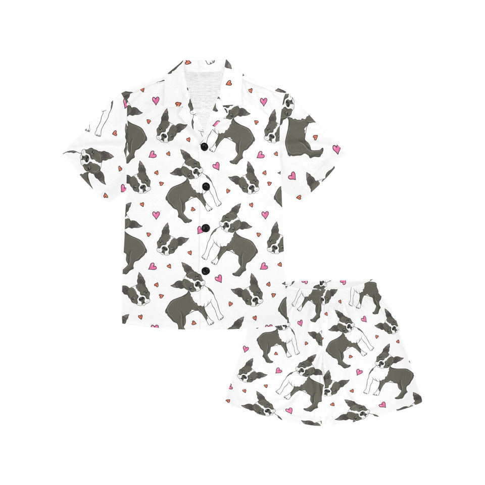 Boston terrier dog hearts vector pattern Kids' Boys' Girls' V-Neck Short Pajama Set