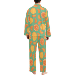 orange fruit pattern green background Men's Long Pajama Set
