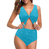 Airplane destinations blue background Chest Bowknot High Waisted Bikini Swimsuit