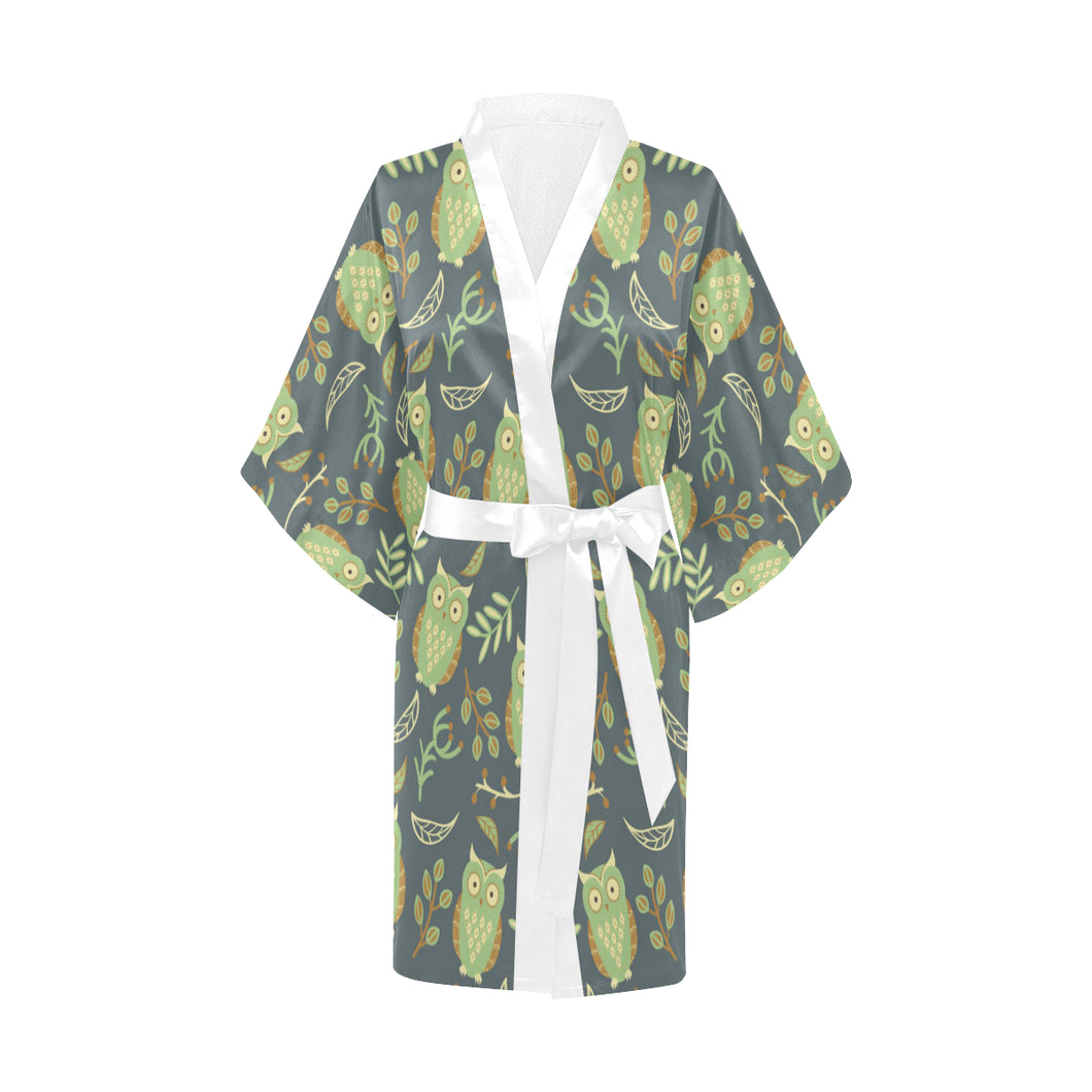 Cute owls leaves pattern Women's Short Kimono Robe