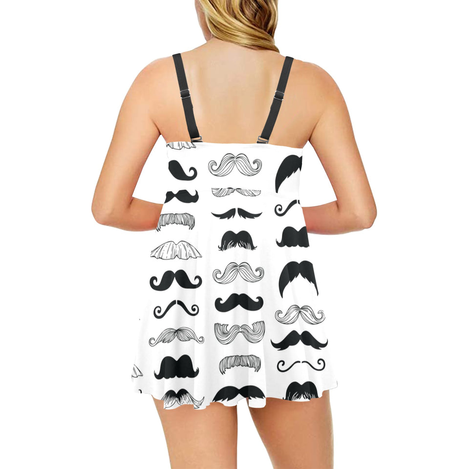 Mustache Beard Pattern Print Design 04 Chest Sexy Pleated Two Piece Swim Dress