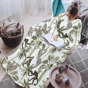 Monkey sloth lemur palm trees pattern Blanket Robe with Sleeves