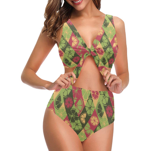 Cool Geometric lime pattern Chest Bowknot High Waisted Bikini Swimsuit