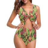 Cool Geometric lime pattern Chest Bowknot High Waisted Bikini Swimsuit