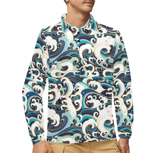 Japanese wave pattern Men's Long Sleeve Polo Shirt