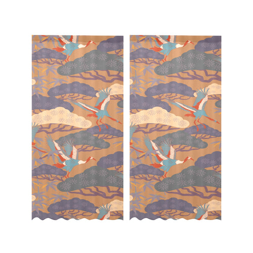 Bonsai bamboo stork japanese pattern brown theme Gauze Curtain
