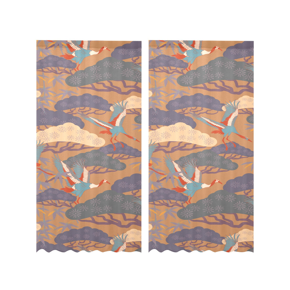 Bonsai bamboo stork japanese pattern brown theme Gauze Curtain