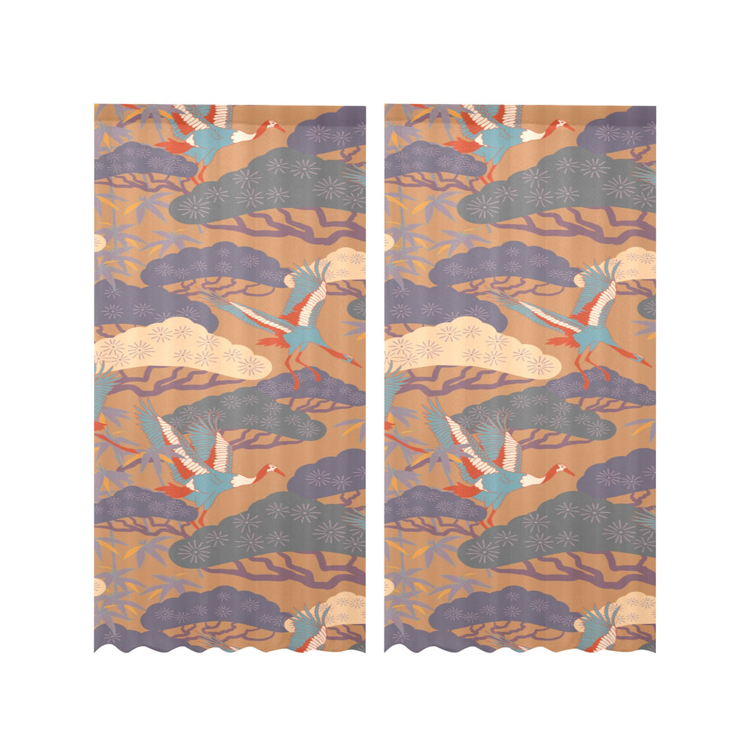 Bonsai bamboo stork japanese pattern brown theme Gauze Curtain