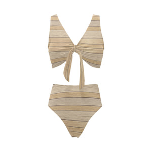 Wood Printed Pattern Print Design 01 Chest Bowknot High Waisted Bikini Swimsuit