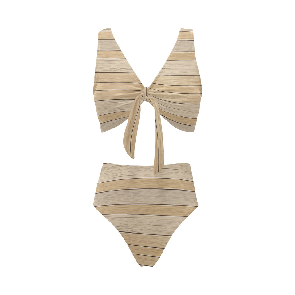 Wood Printed Pattern Print Design 01 Chest Bowknot High Waisted Bikini Swimsuit