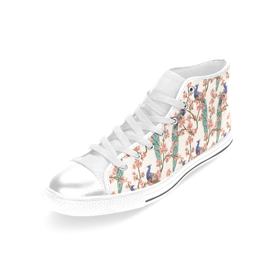 Peacock tropical flower pattern Women's High Top Canvas Shoes White