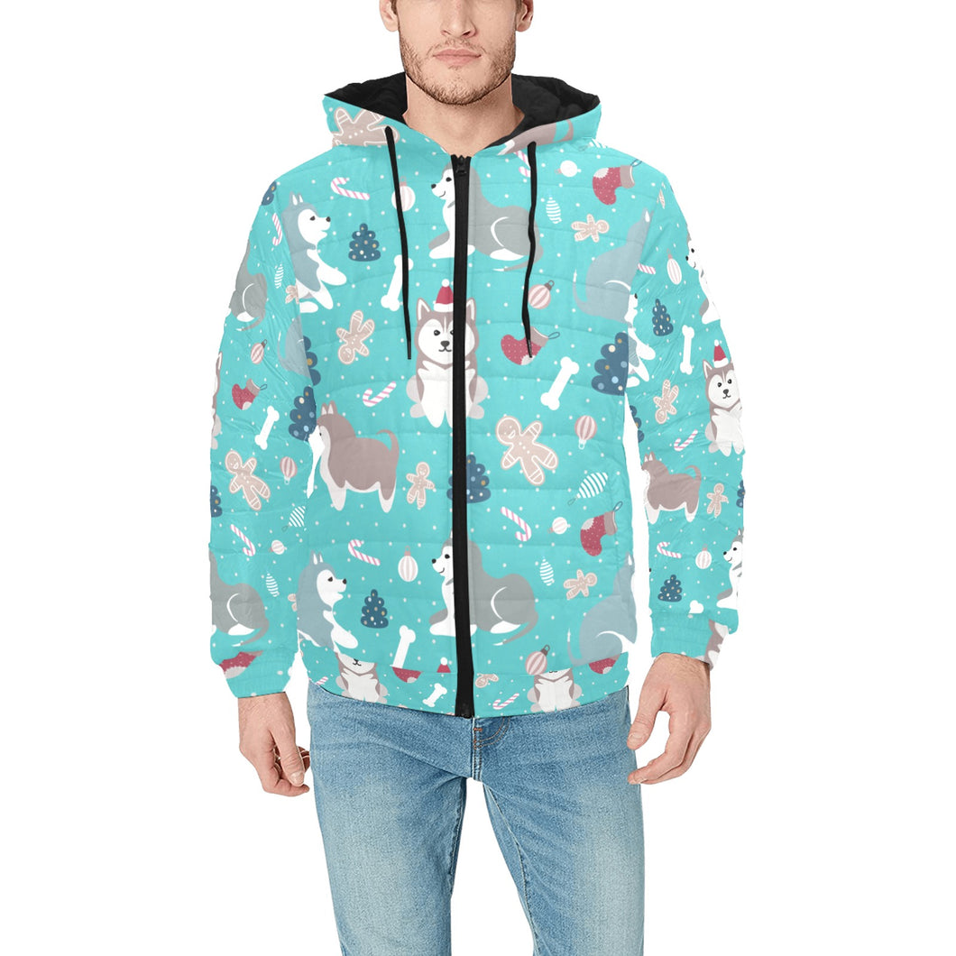 Christmas cute siberian husky puppie pattern Men's Padded Hooded Jacket