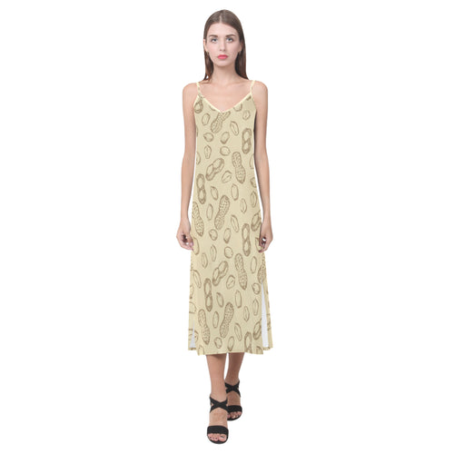 hand drawn peanuts pattern V-Neck Open Fork Long Dress