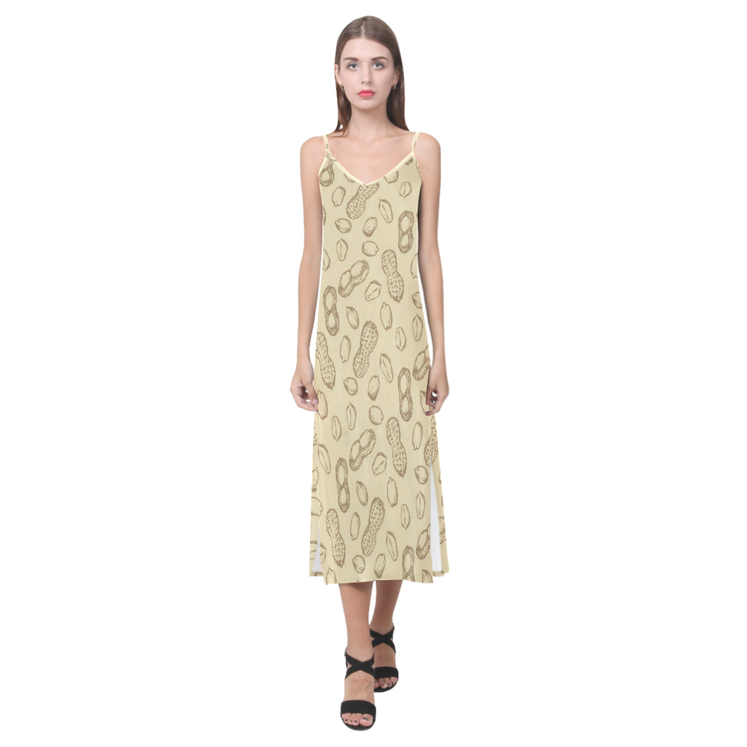 hand drawn peanuts pattern V-Neck Open Fork Long Dress