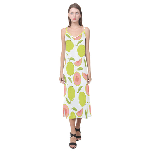 Guava pattern V-Neck Open Fork Long Dress