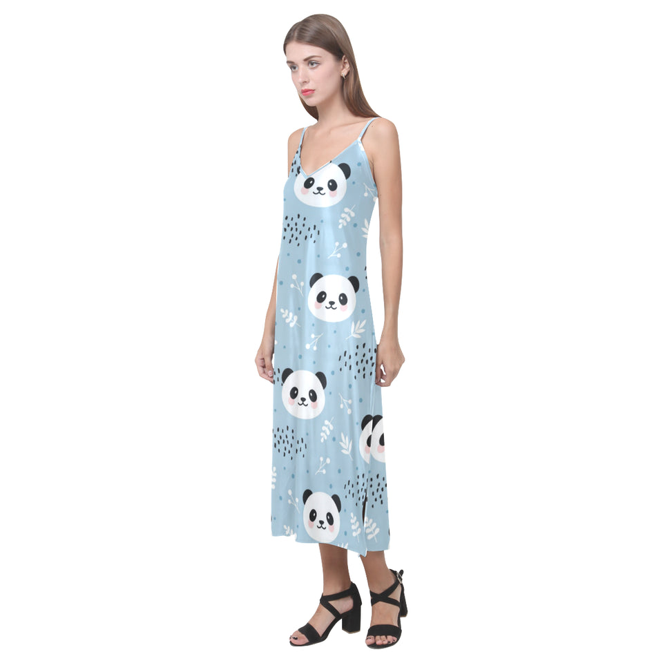 Cute panda pattern V-Neck Open Fork Long Dress