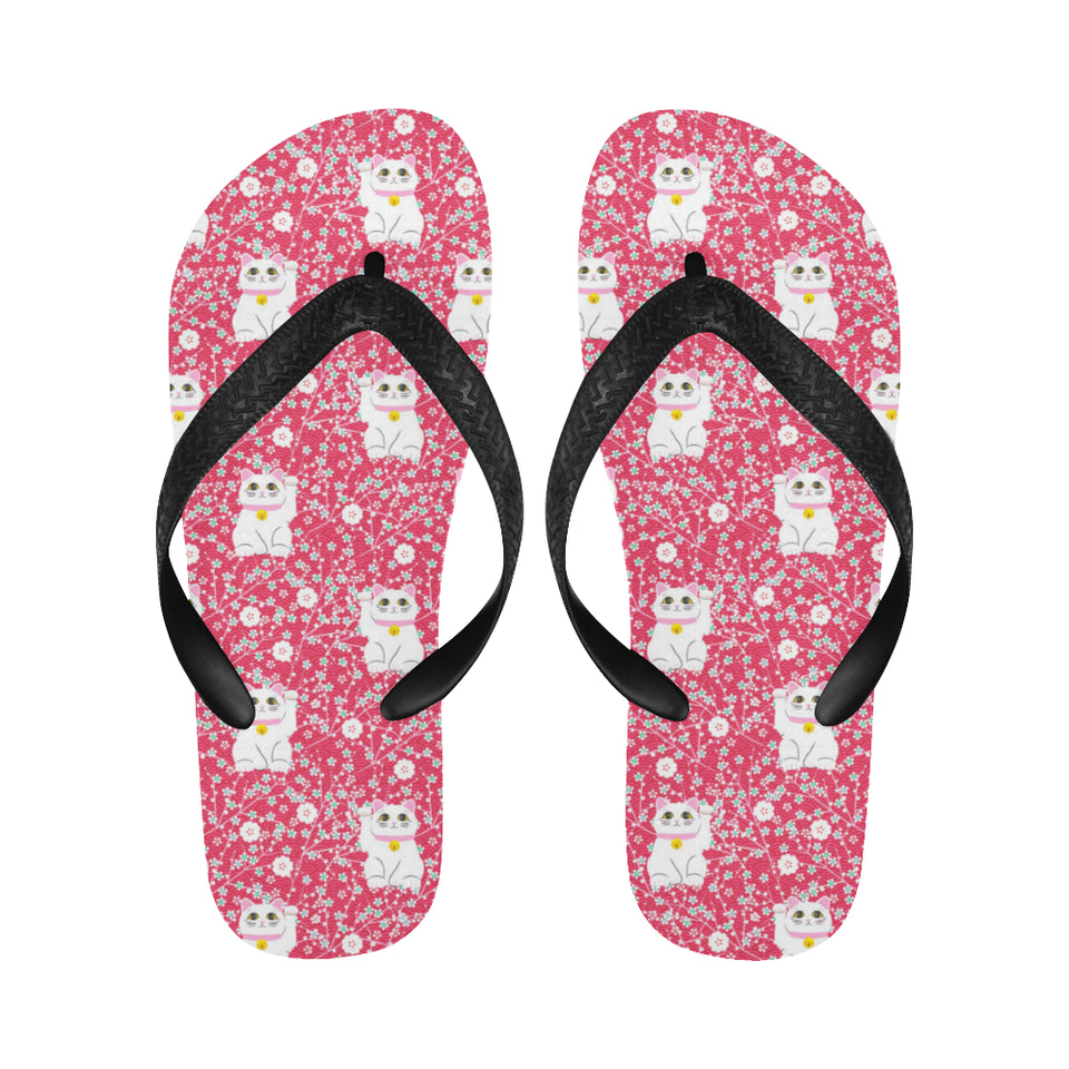 Maneki neko cat sakura pink background Unisex Flip Flops