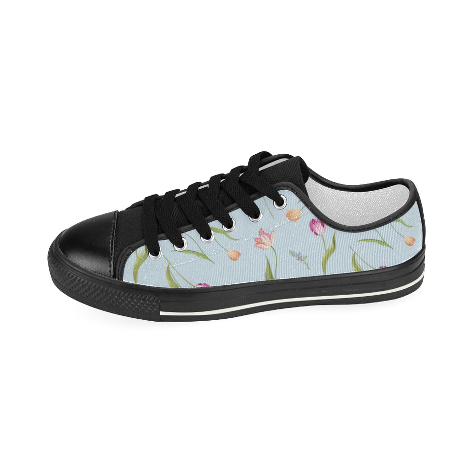 Watercolor Tulips pattern Women's Low Top Canvas Shoes Black
