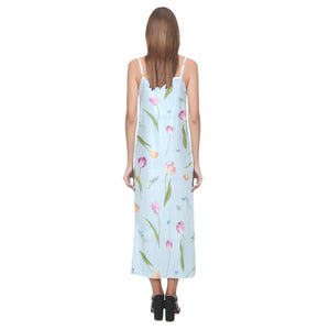 Watercolor Tulips pattern V-Neck Open Fork Long Dress