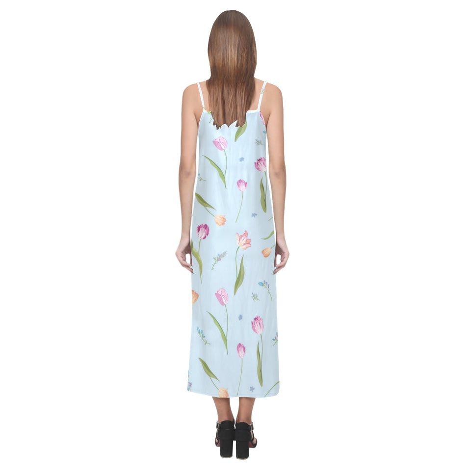 Watercolor Tulips pattern V-Neck Open Fork Long Dress