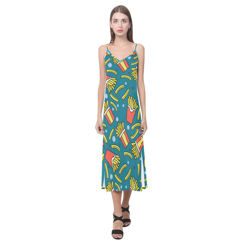 French fries red paper box pattern V-Neck Open Fork Long Dress