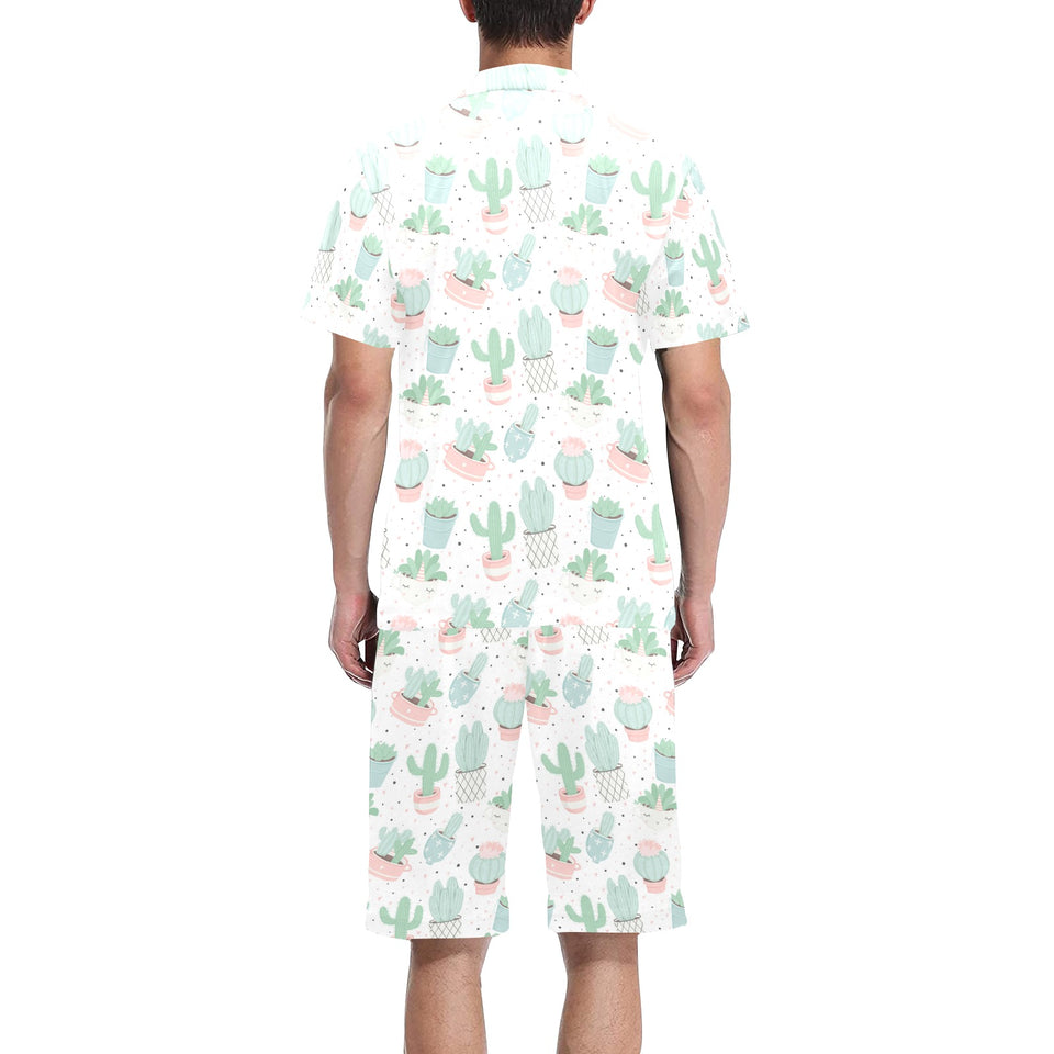 Pastel color cactus pattern Men's V-Neck Short Pajama Set