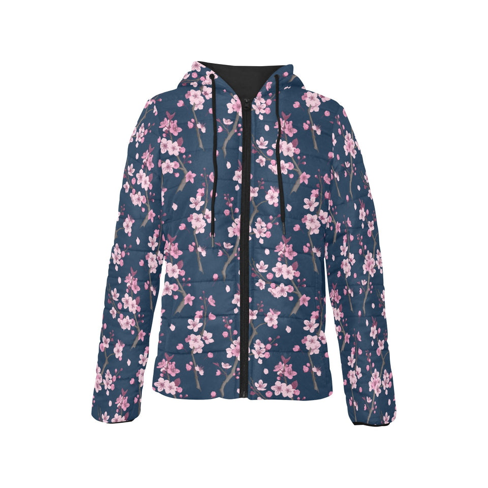 Pink sakura cherry blossom blue background Women's Padded Hooded Jacket