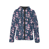 Pink sakura cherry blossom blue background Women's Padded Hooded Jacket