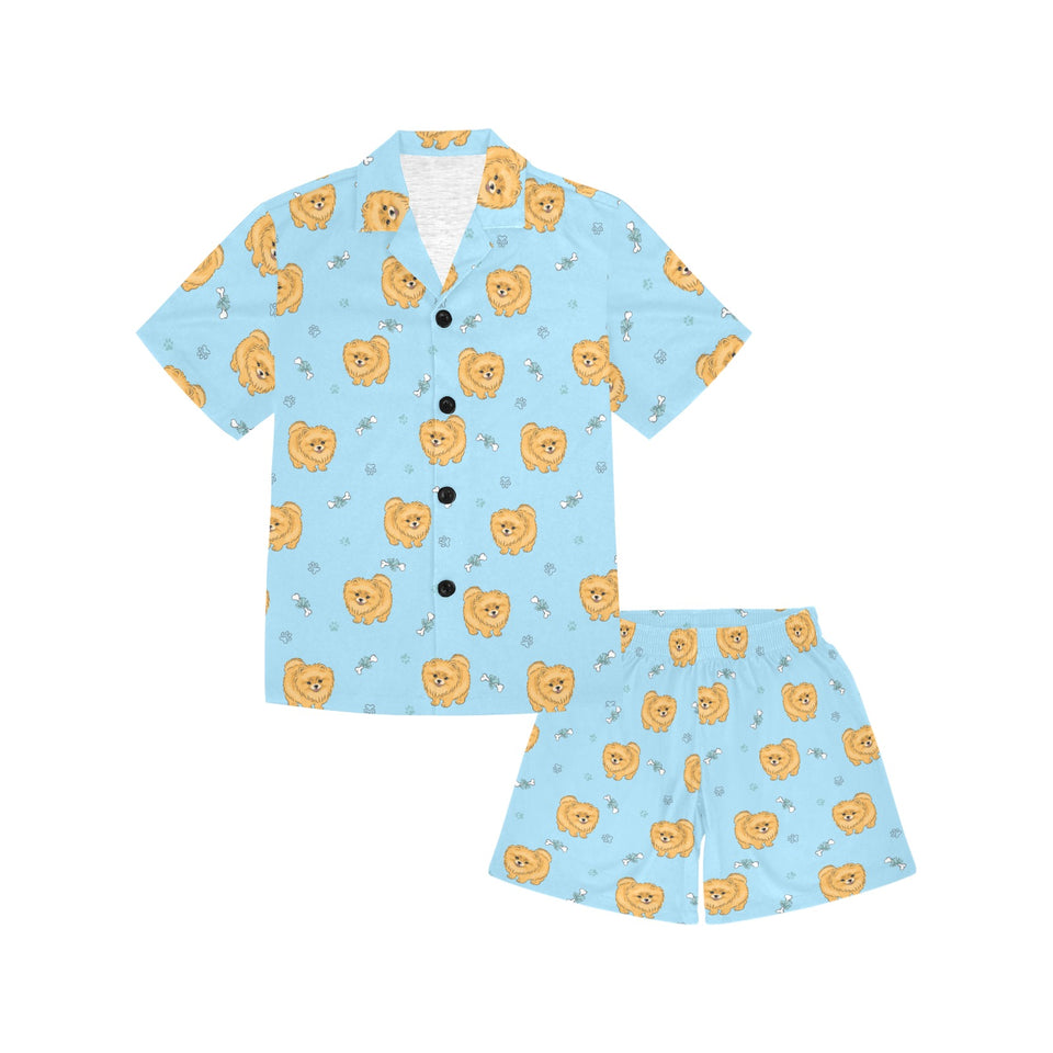 Brown cute pomeranian blue blackground Kids' Boys' Girls' V-Neck Short Pajama Set