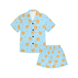 Brown cute pomeranian blue blackground Kids' Boys' Girls' V-Neck Short Pajama Set