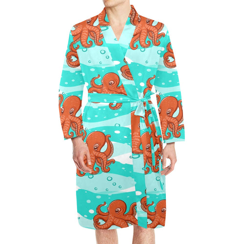Octopuses sea wave background Men's Long Sleeve Belted Night Robe