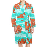 Octopuses sea wave background Men's Long Sleeve Belted Night Robe