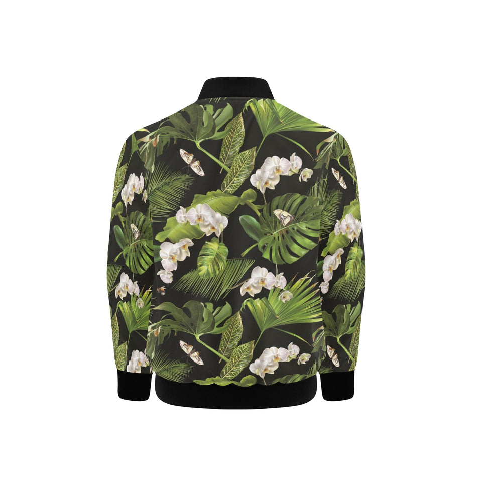 White orchid flower tropical leaves pattern blackg Kids' Boys' Girls' Bomber Jacket