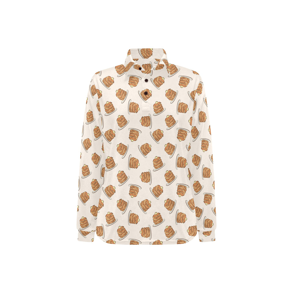 Pancake Pattern Print Design 01 Women's Long Sleeve Polo Shirt