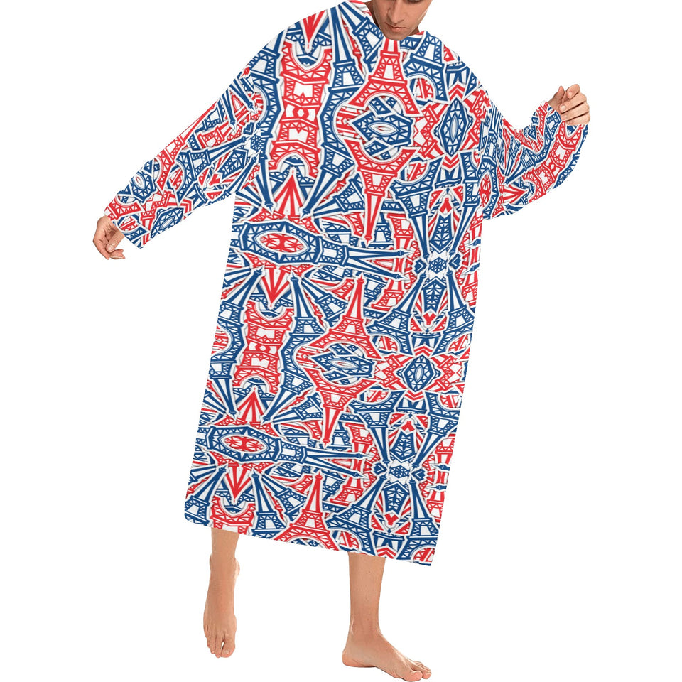 Blue Red Eiffel Tower Pattern Print Design 02 Blanket Robe with Sleeves