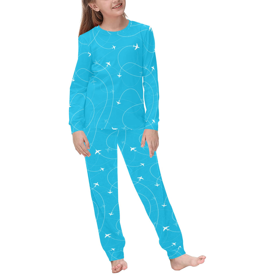 Airplane destinations blue background Kids' Boys' Girls' All Over Print Pajama Set